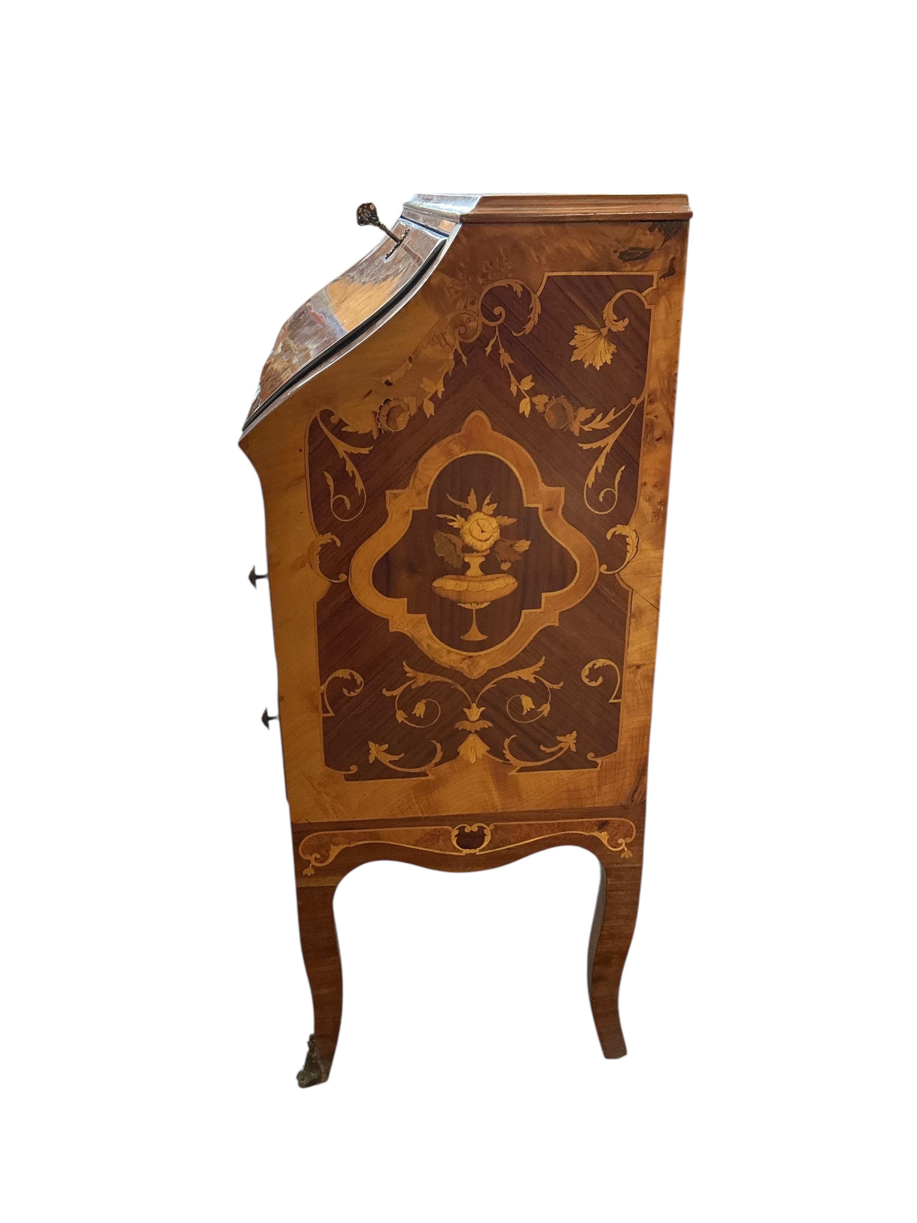 A reproduction Italian marquetry inlaid kingwood bureau, width 91cm, depth 43cm, height 101cm